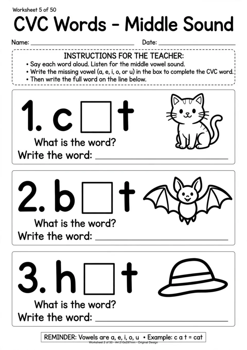 CVC middle sound worksheet asking children to add the missing vowel in cat, bat, and hat, then write each word
