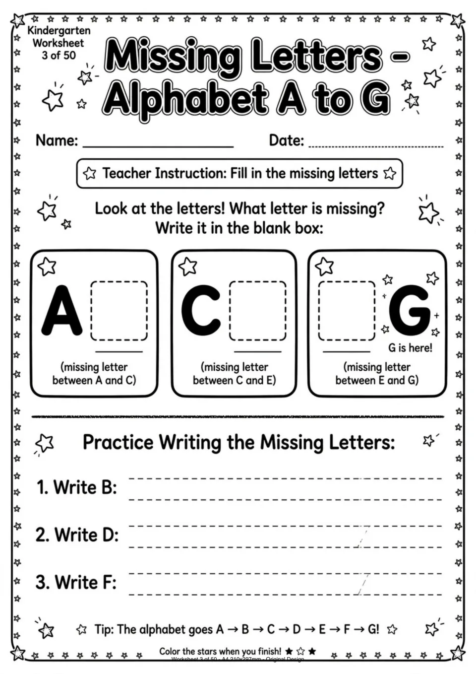 Missing letters worksheet asking children to complete the alphabet sequence A to G and practice writing B, D, and F