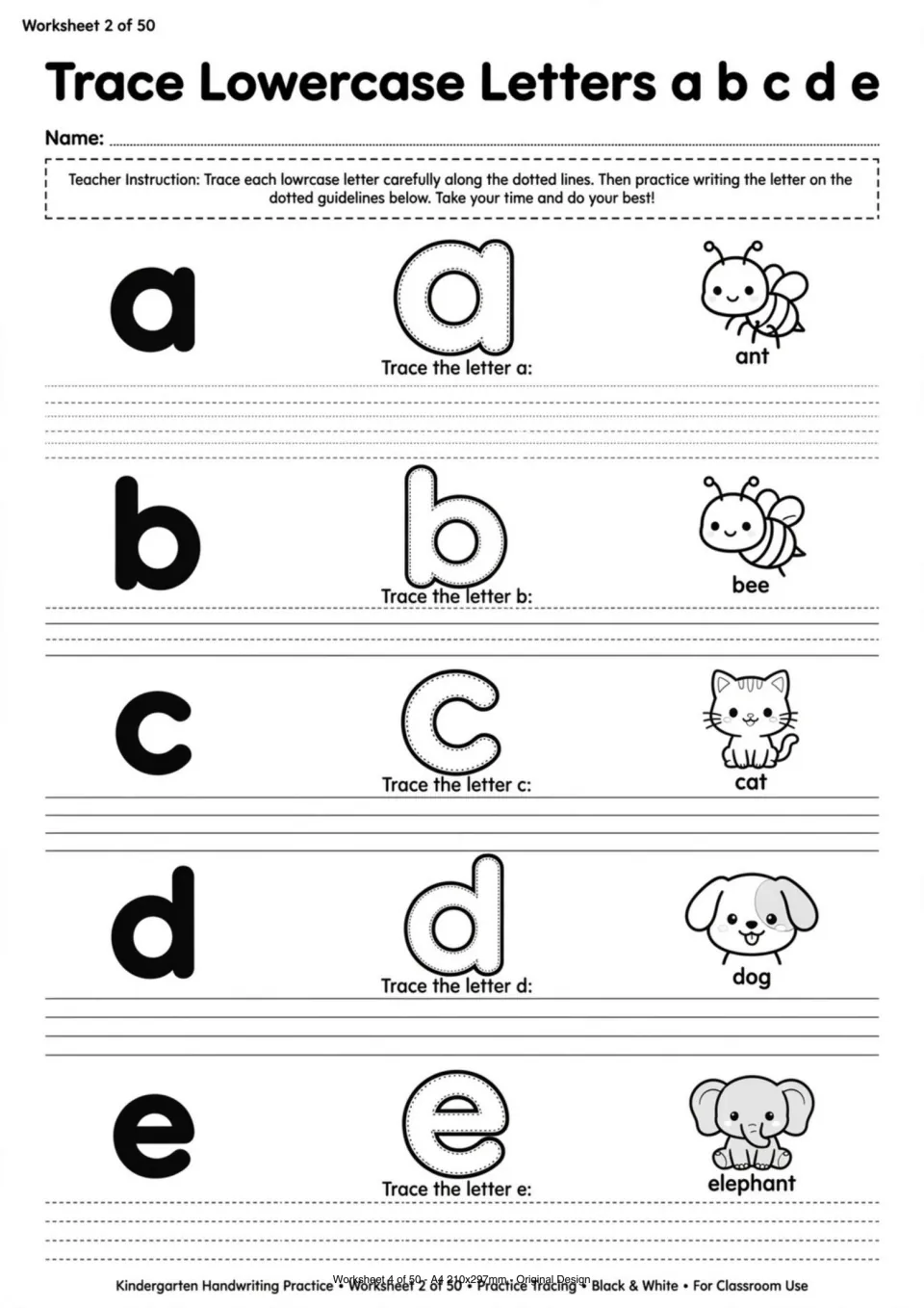 Lowercase letter worksheet for tracing and writing a–e, paired with ant, bee, cat, dog, and elephant pictures