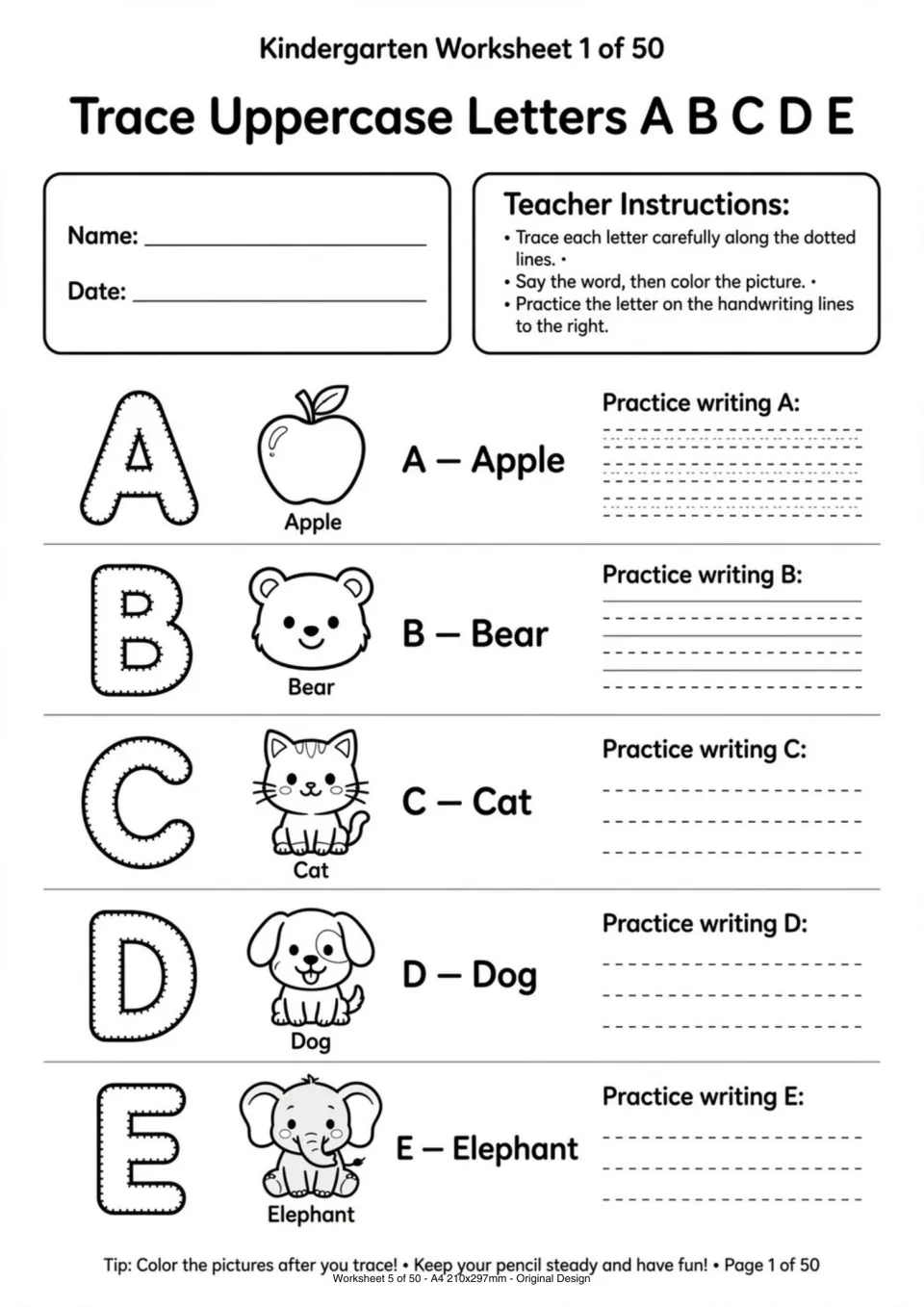 Uppercase letter worksheet for tracing and writing A–E, paired with apple, bear, cat, dog, and elephant pictures