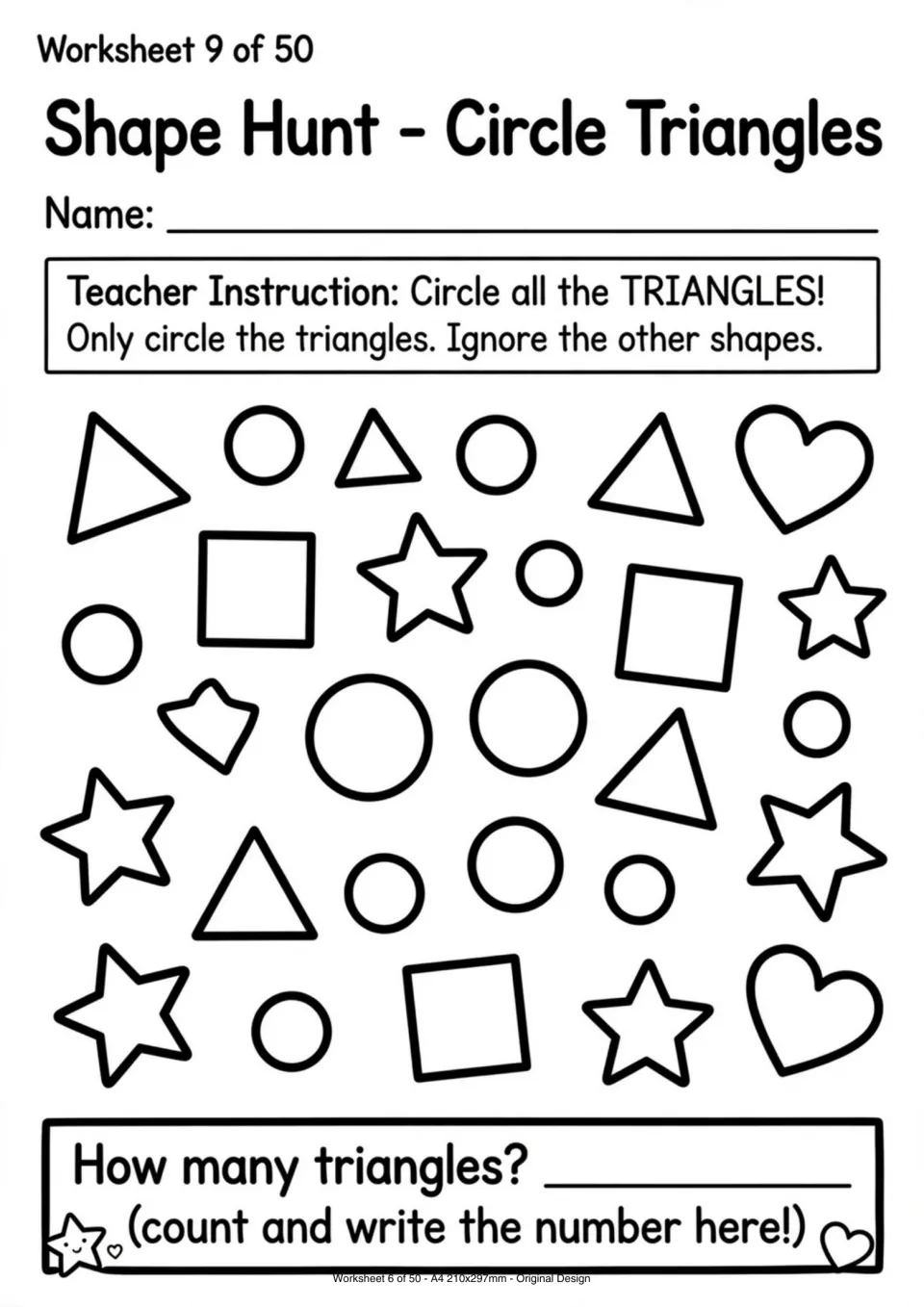 Shape hunt worksheet asking children to circle triangles among other shapes, count them, and write the total