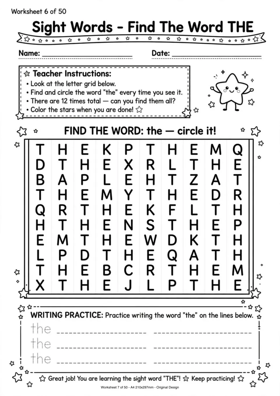 Sight word worksheet asking children to find and circle THE among letters, then trace and write the word