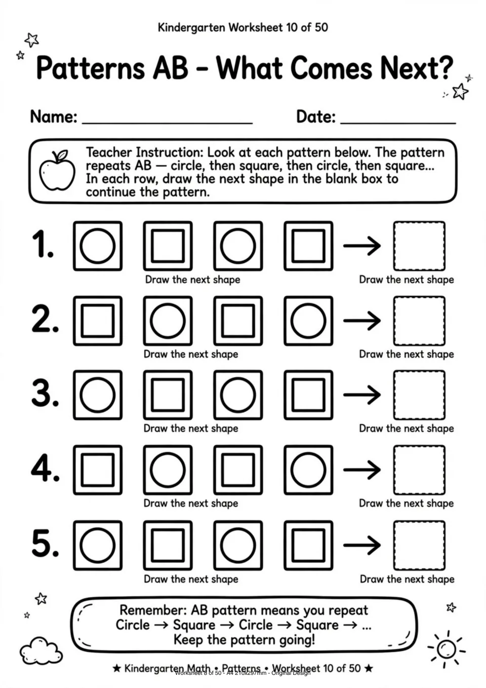 AB pattern worksheet asking children to draw the next shape in five sequences of alternating circles and squares