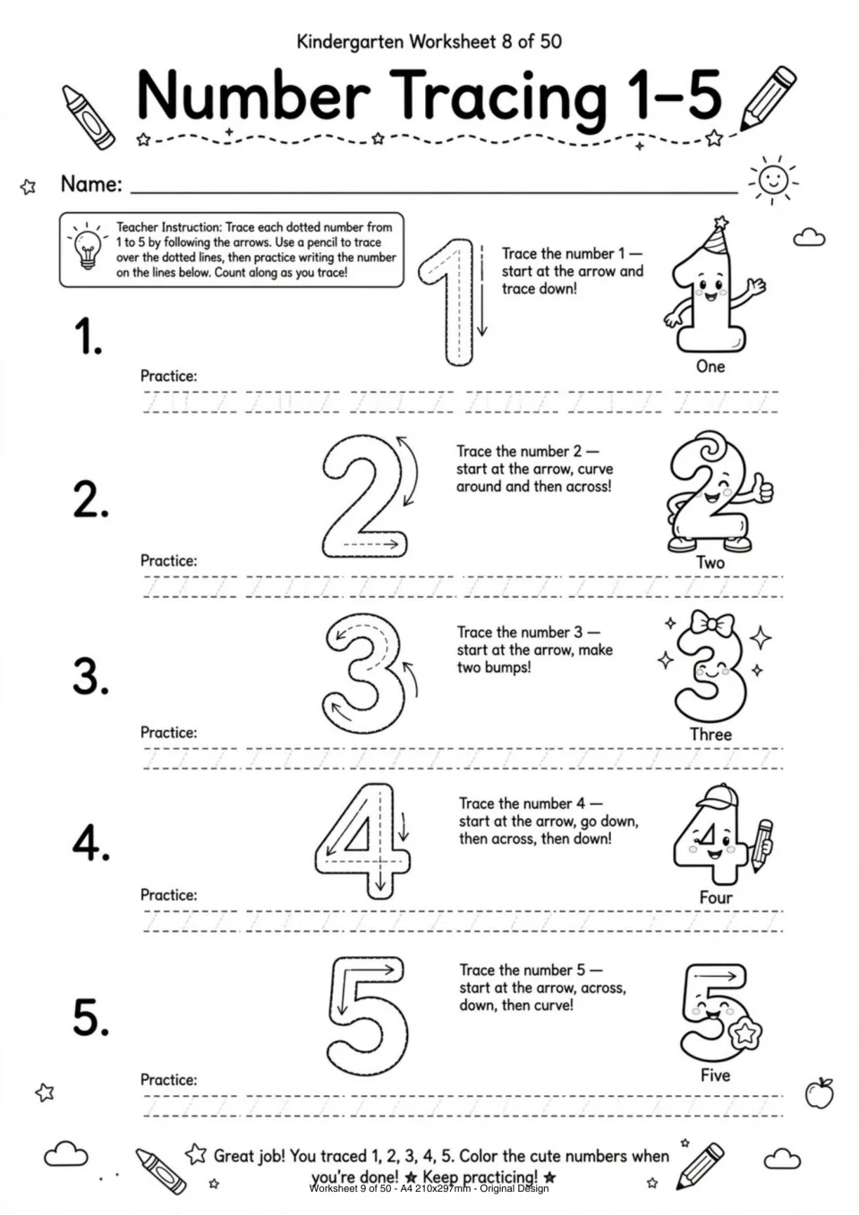 Number tracing worksheet for 1–5 with directional arrows, number words one through five, and writing practice