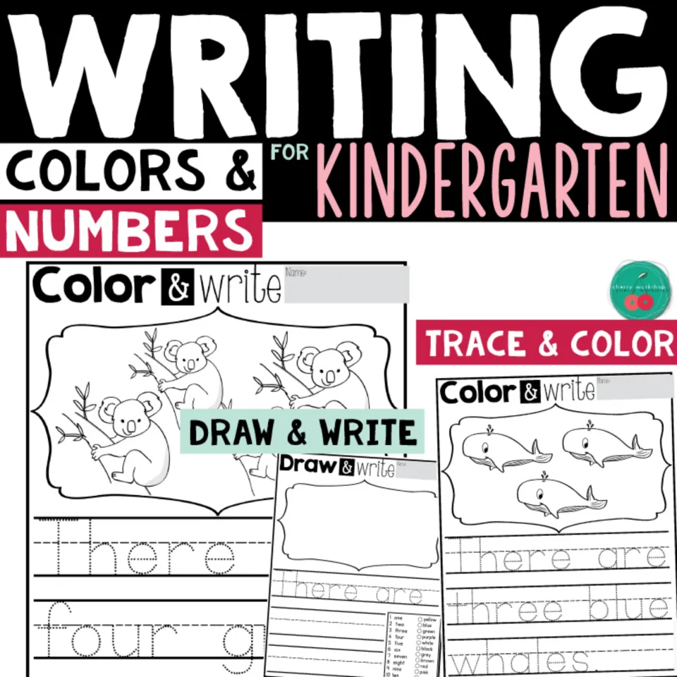 Writing Colors & Numbers for Kindergarten cover showing Color & Write and Draw & Write sentence tracing pages