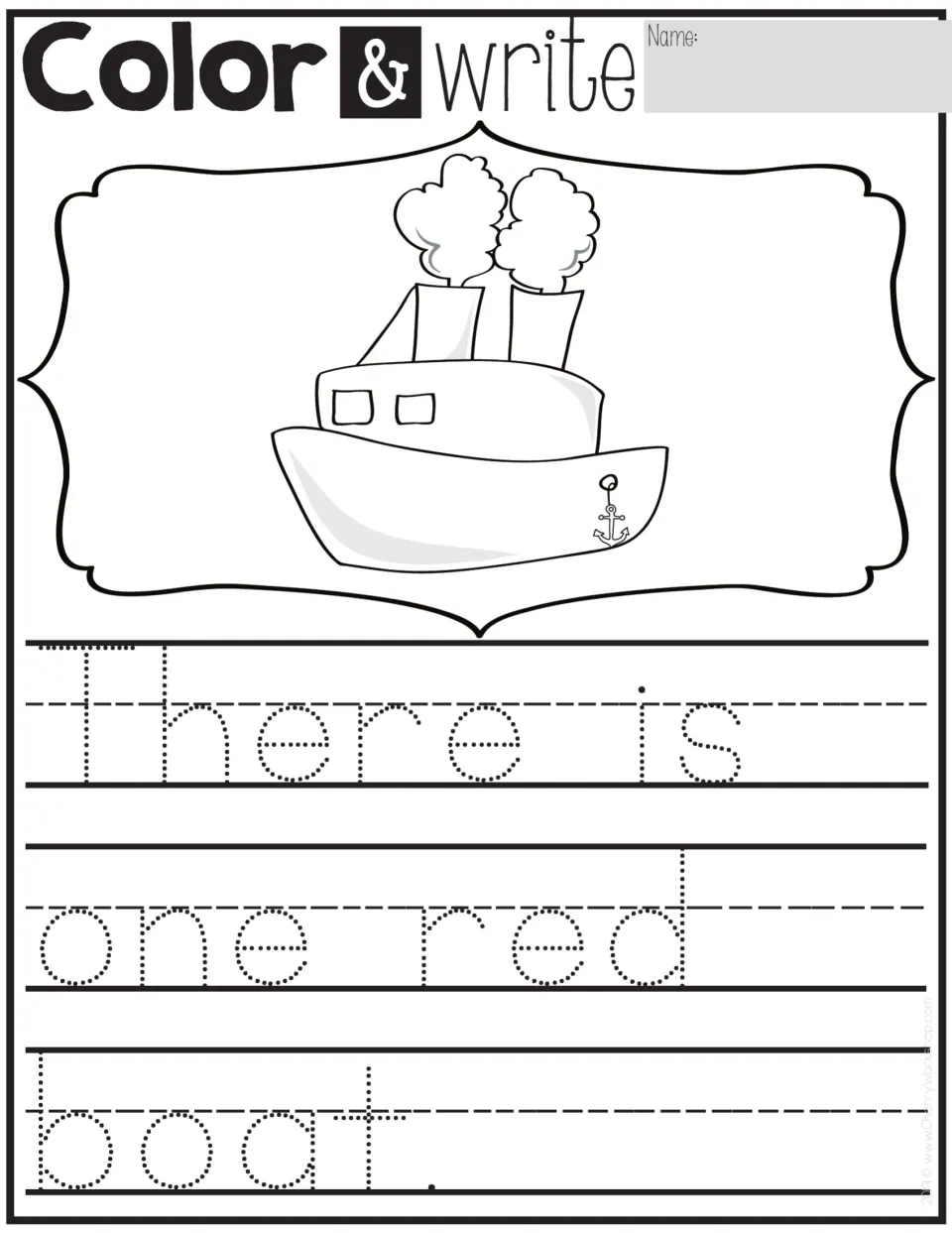 Color & write: students color one boat red and trace 'There is one red boat.' to practise number and color words