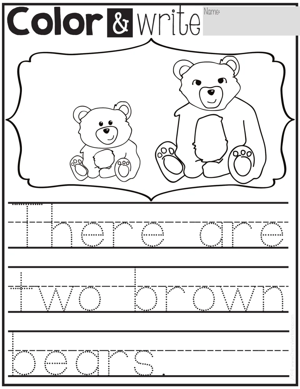 Color & write: students color two bears brown, then trace 'There are two brown bears.' using number and color words