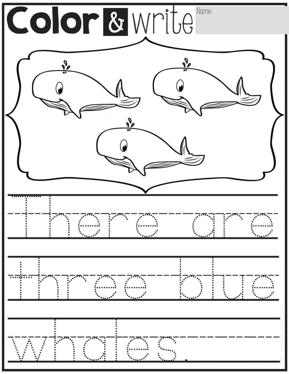 Color & write: students color three whales blue and trace the dotted sentence 'There are three blue whales.'