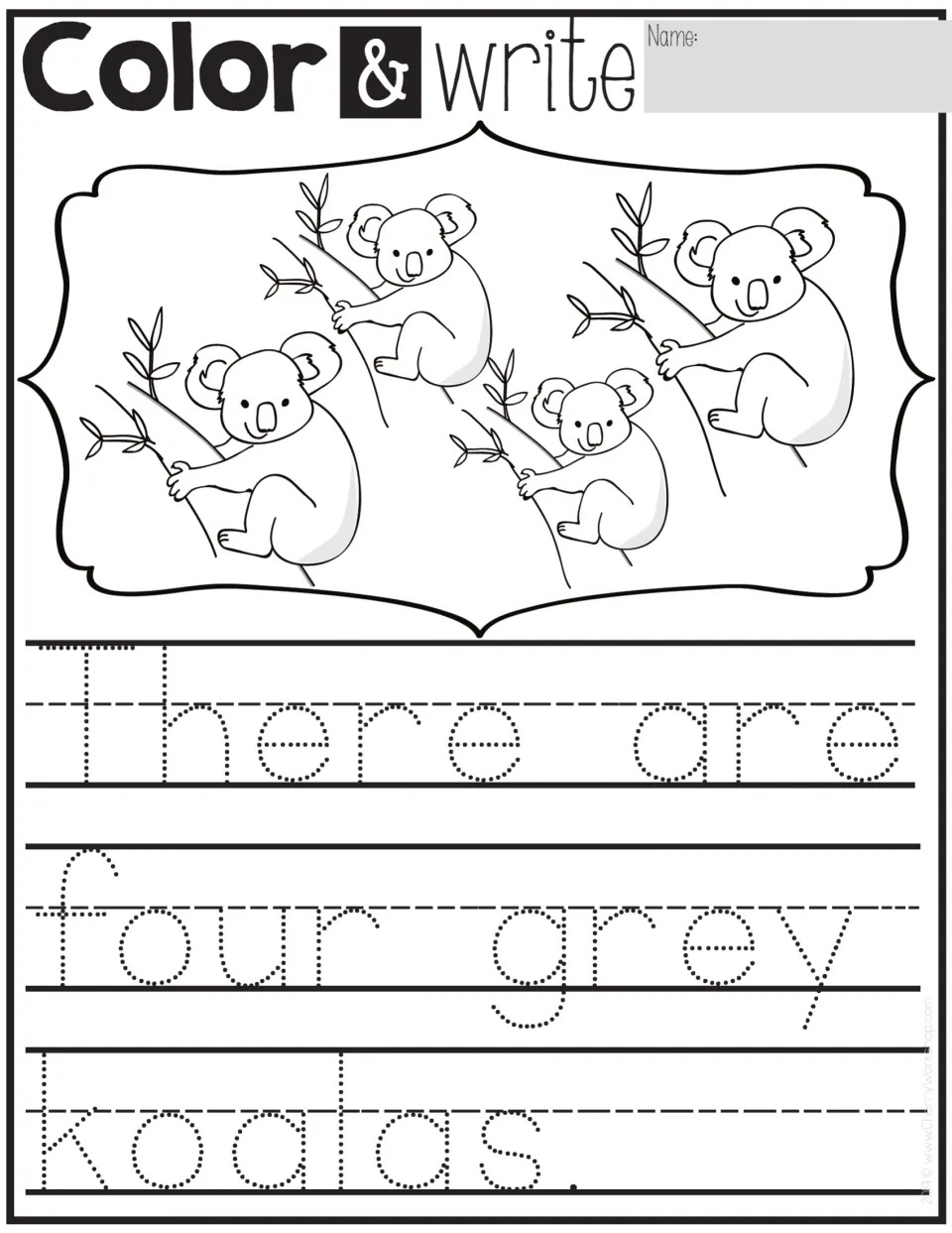 Color & write: students color four koalas grey on tree branches and trace 'There are four grey koalas.'