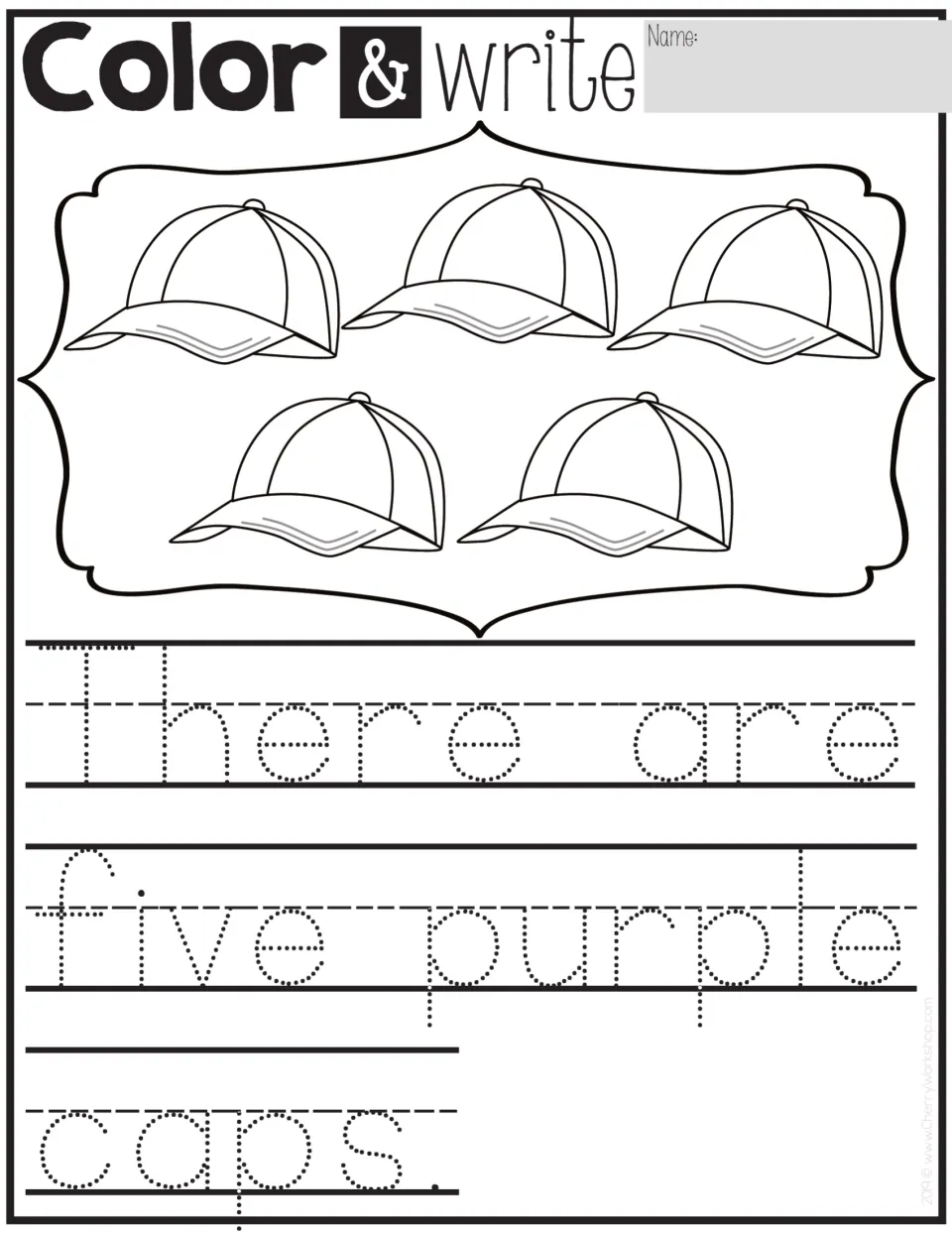 Color & write: students color five baseball caps purple and trace the sentence 'There are five purple caps.'