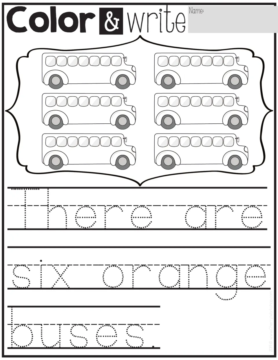 Color & write: students color six school buses orange and trace the sentence 'There are six orange buses.'