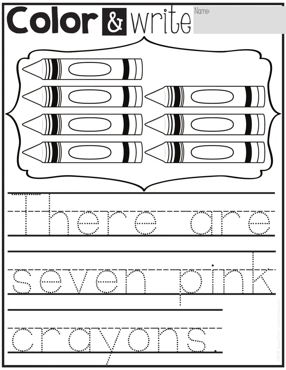 Color & write: students color seven crayons pink and trace the sentence 'There are seven pink crayons.'