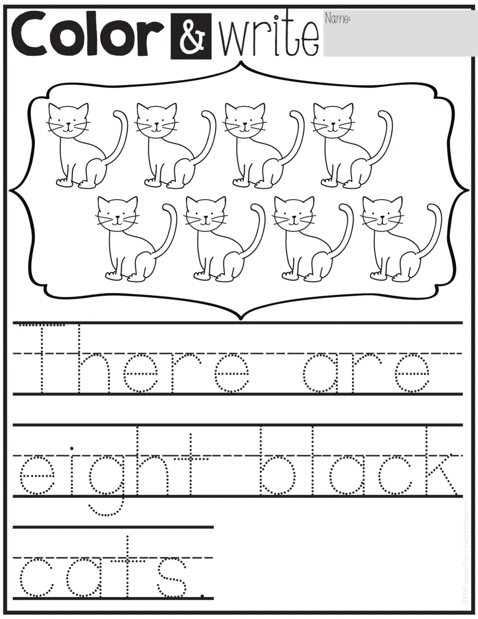 Color & write: students color eight cats black and trace 'There are eight black cats.' with number and color words