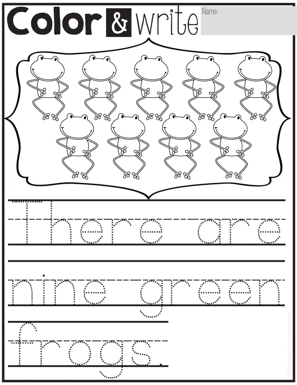Color & write: students color nine frogs green and trace 'There are nine green frogs.' with number and color words