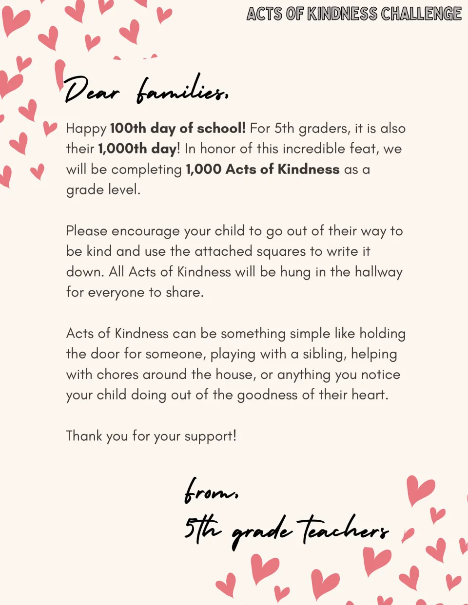 Family letter for the 100th day of school: 5th grade teachers ask families to log 1,000 acts of kindness on squares
