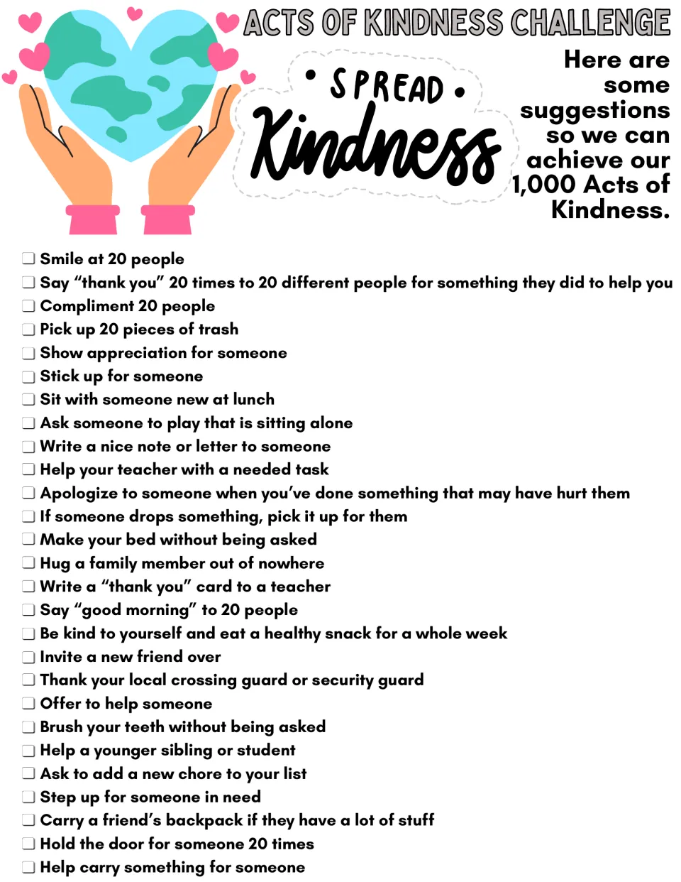 Spread Kindness checklist: 27 suggested kind acts to tick off, such as smiling at 20 people and sitting with someone new