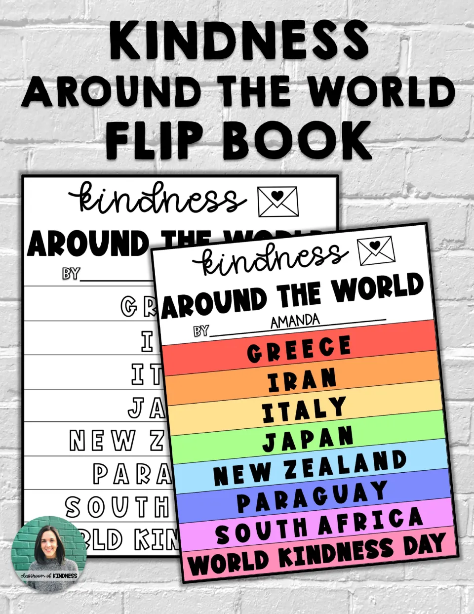 Kindness Around the World Flip Book cover showing uncolored and colored examples of the assembled book