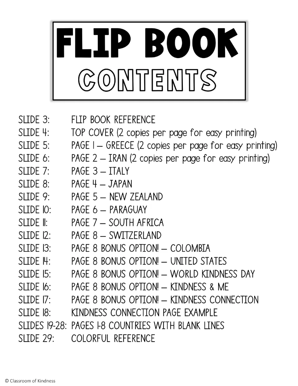 Flip book contents listing country pages, five final-page alternatives, blank versions, and references