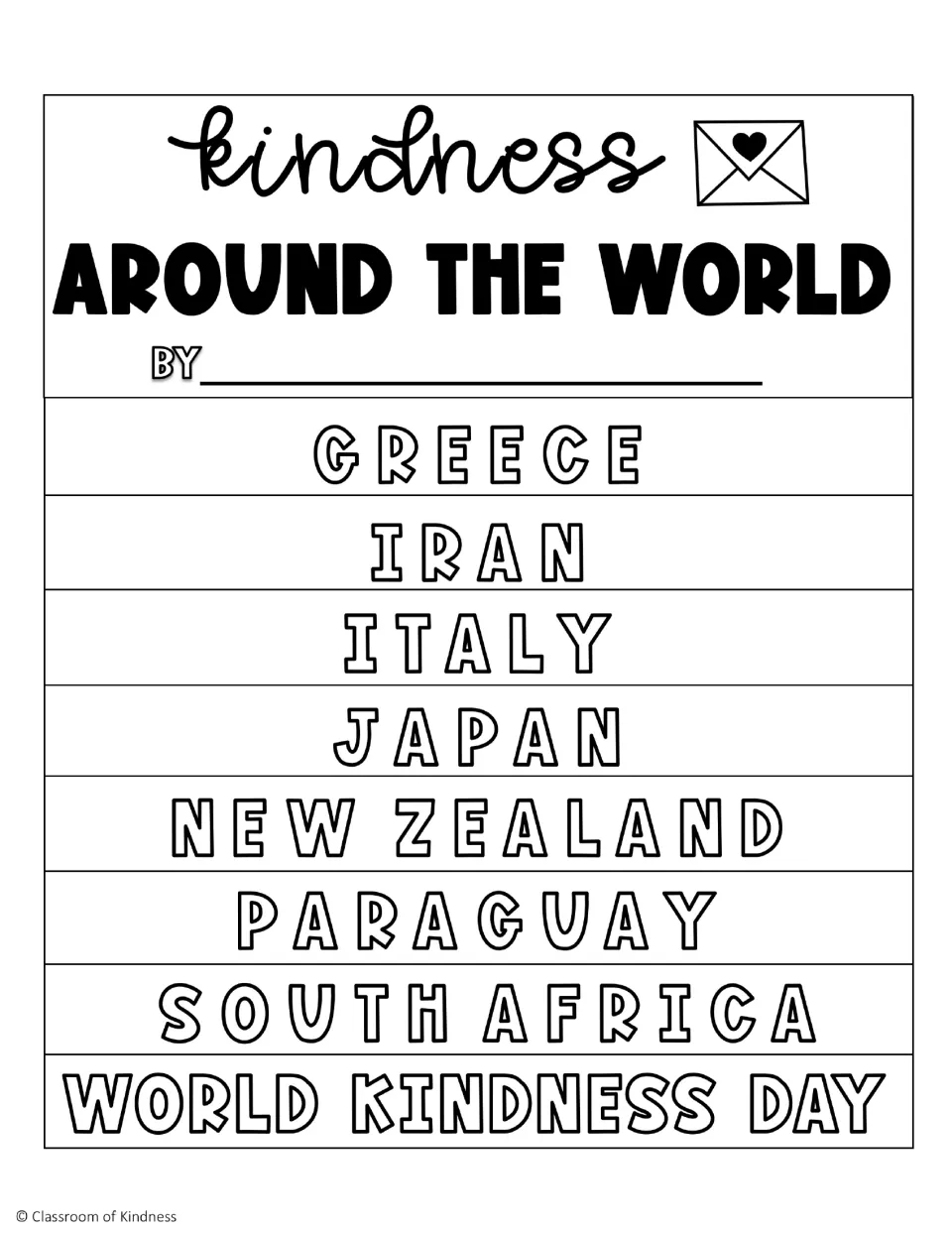 Flip book assembly reference showing seven country tabs and World Kindness Day beneath the student cover