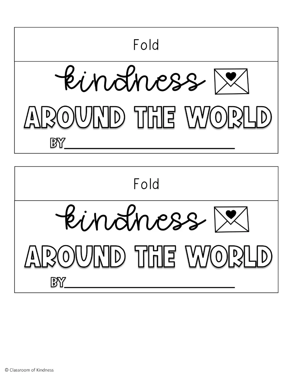 Two flip book cover templates reading 'kindness around the world,' each with a fold label and author space