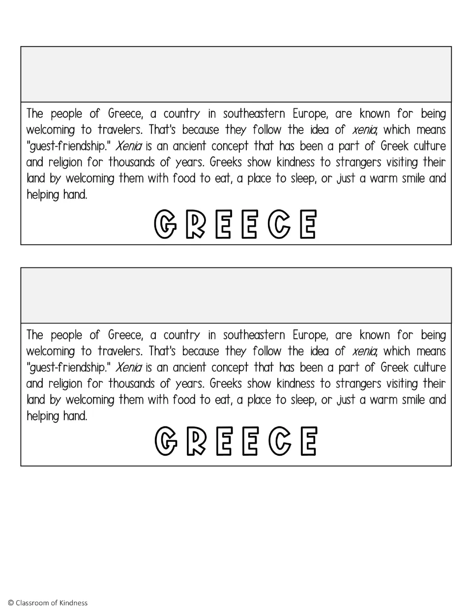 Greece flip book page explaining xenia (guest-friendship) and welcoming travelers, printed twice