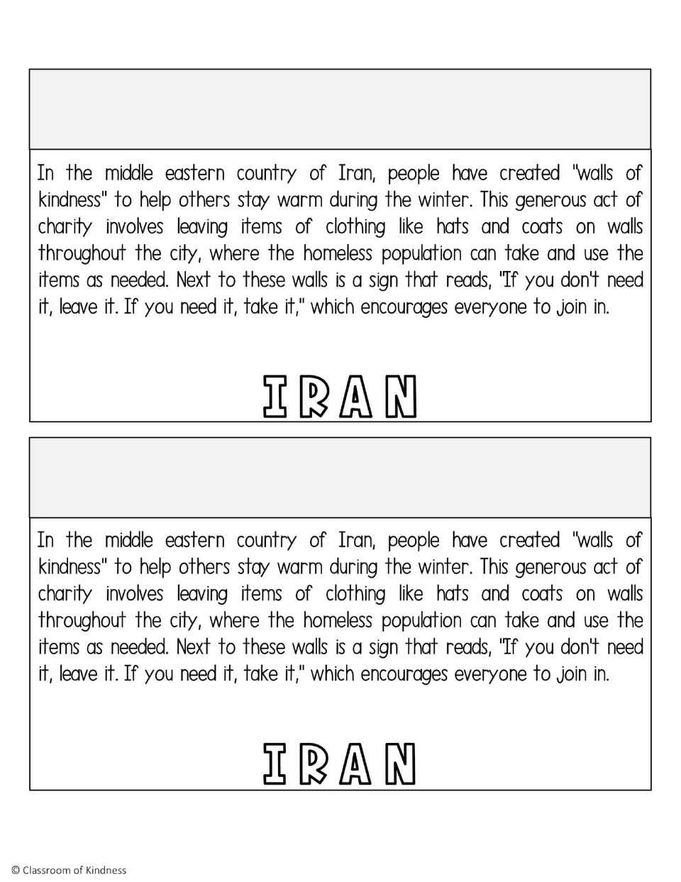 Iran flip book page explaining walls of kindness where people leave clothing for others, printed twice