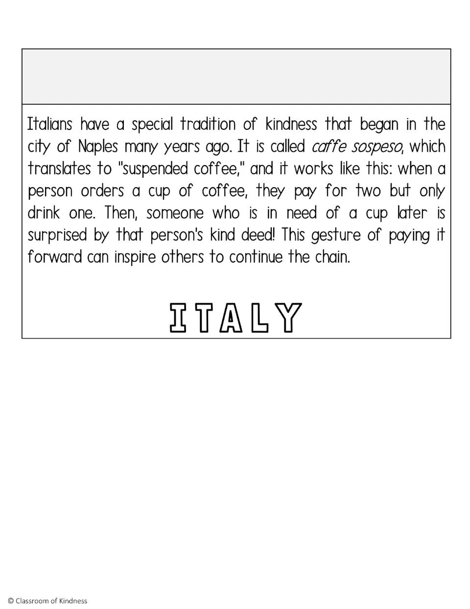 Italy flip book page explaining caffè sospeso (suspended coffee), paying for an extra cup for someone else