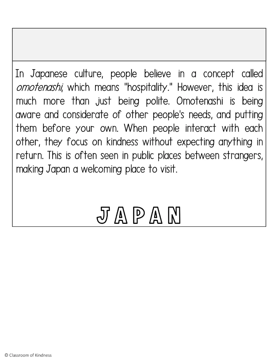 Japan flip book page explaining omotenashi (hospitality), considering others' needs without expecting return