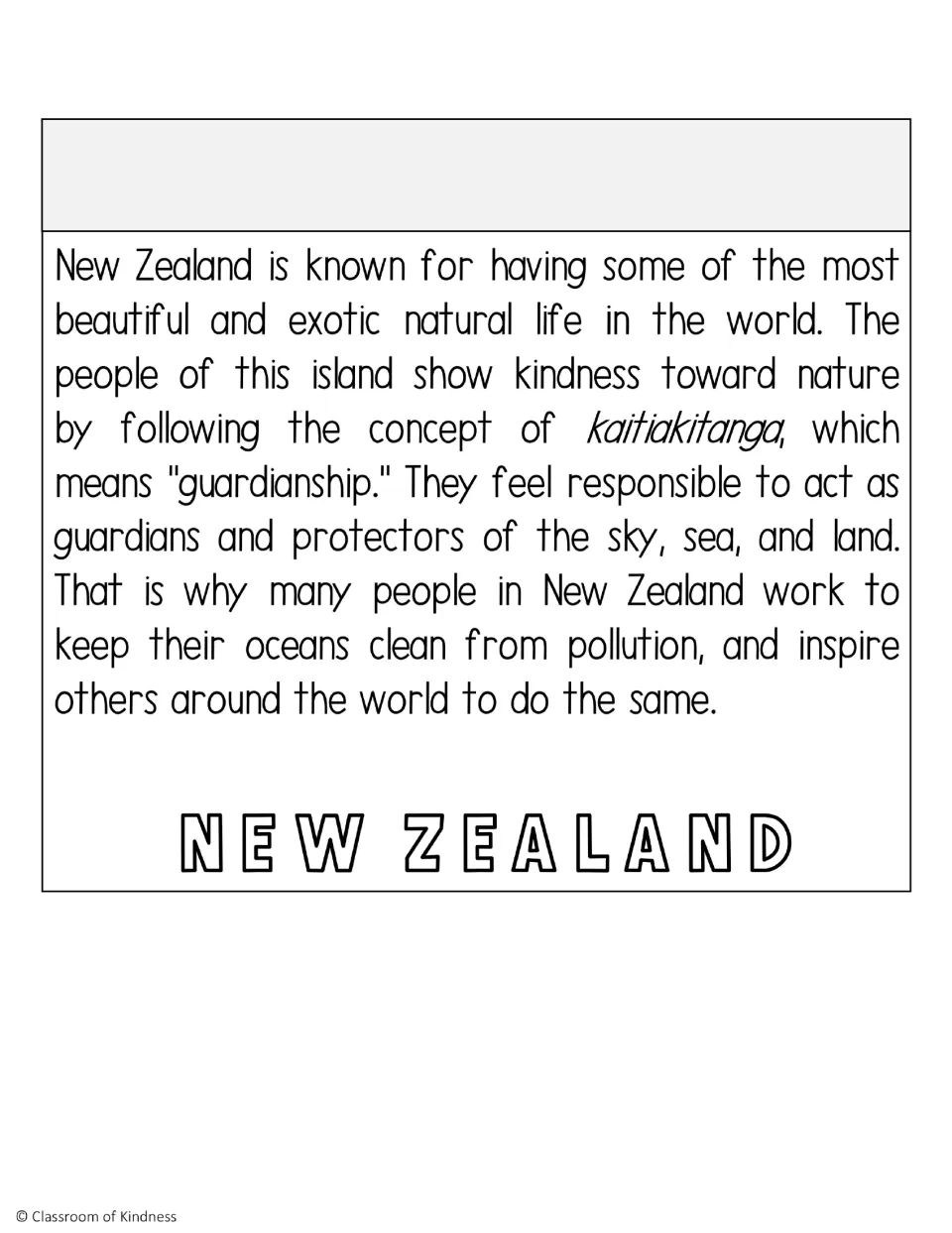 New Zealand flip book page explaining kaitiakitanga (guardianship) and caring for the sky, sea, and land