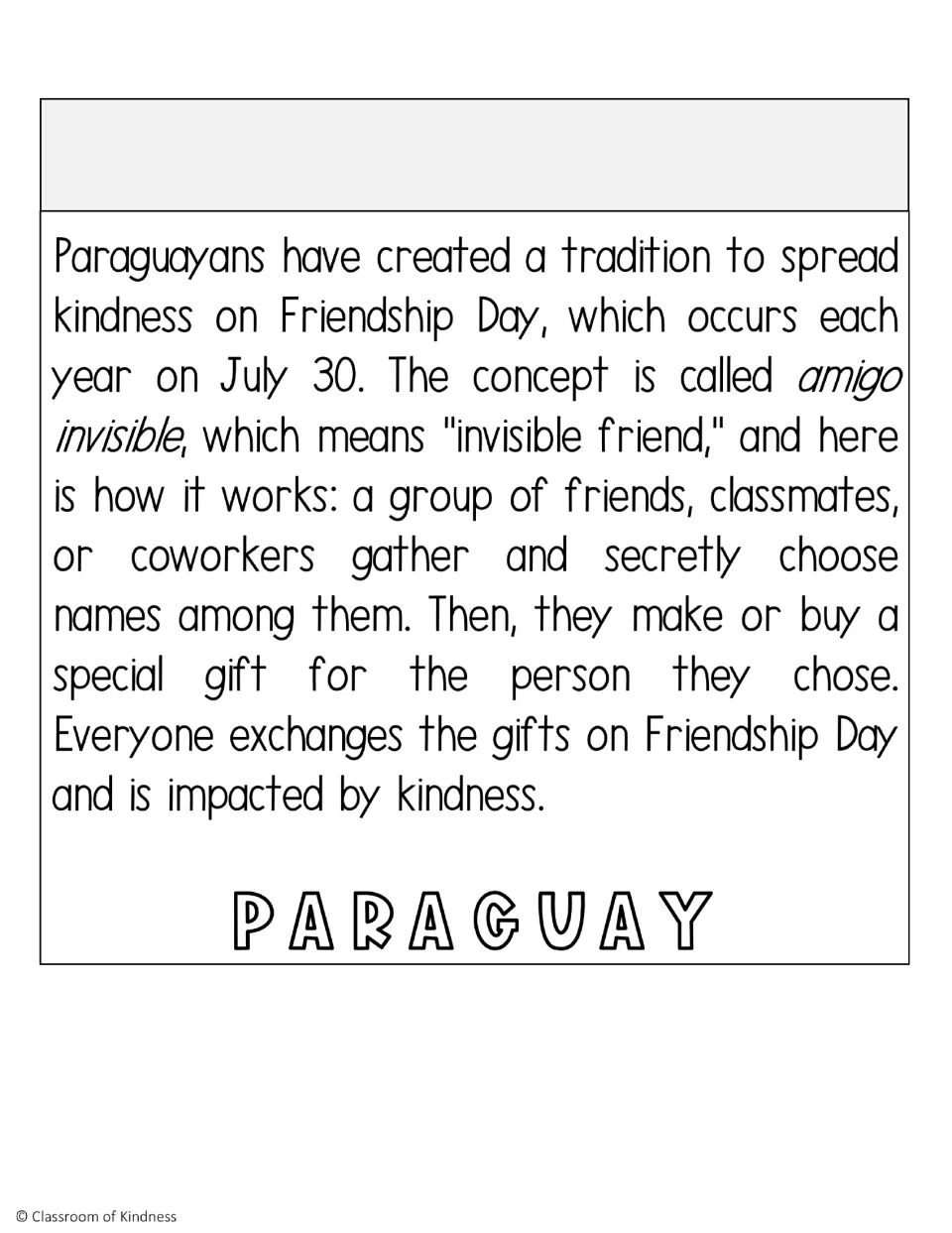 Paraguay flip book page explaining amigo invisible (invisible friend), a gift exchange for Friendship Day