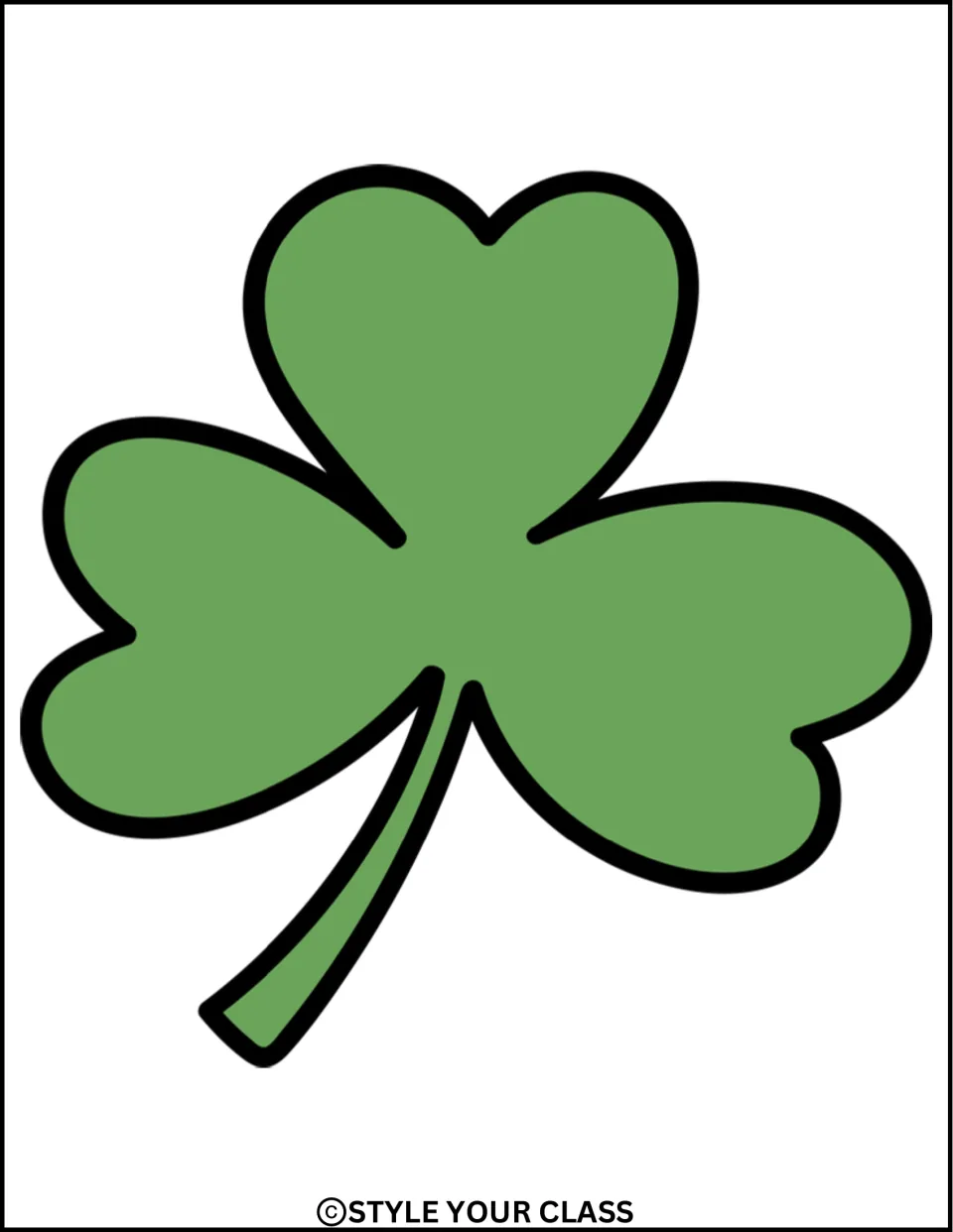 Large green shamrock with a stem curving left, a single decoration for the St. Patrick's Day display kit