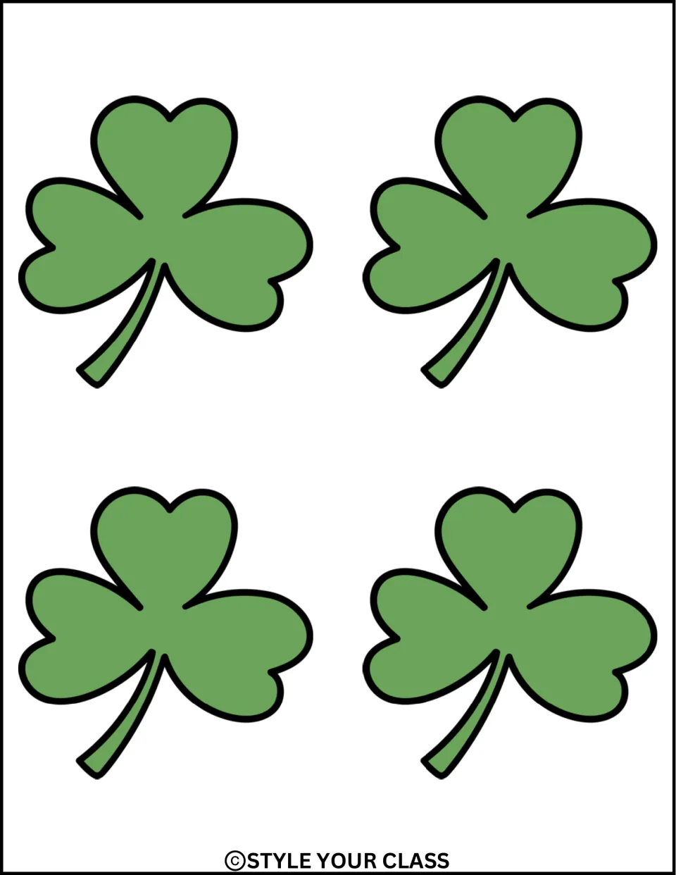 Four green shamrocks with stems curving left, printable decorations for the St. Patrick's Day display kit