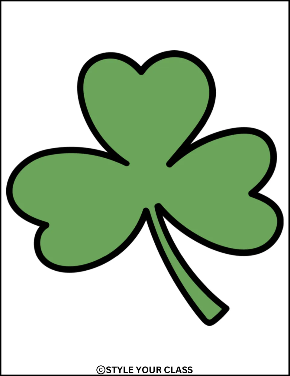 Large green shamrock with a stem curving right, a single decoration for the St. Patrick's Day display kit