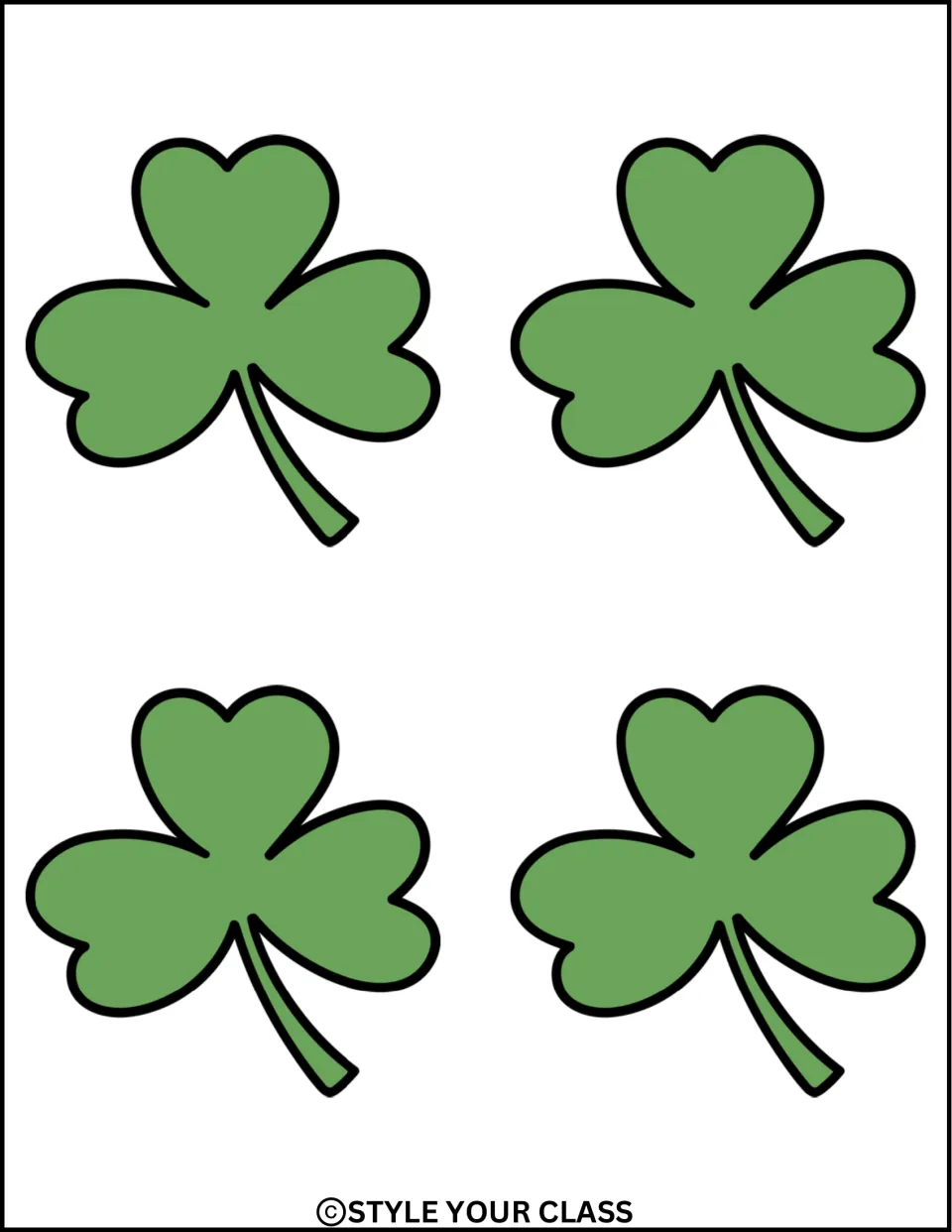 Four green shamrocks with stems curving right, printable decorations for the St. Patrick's Day display kit