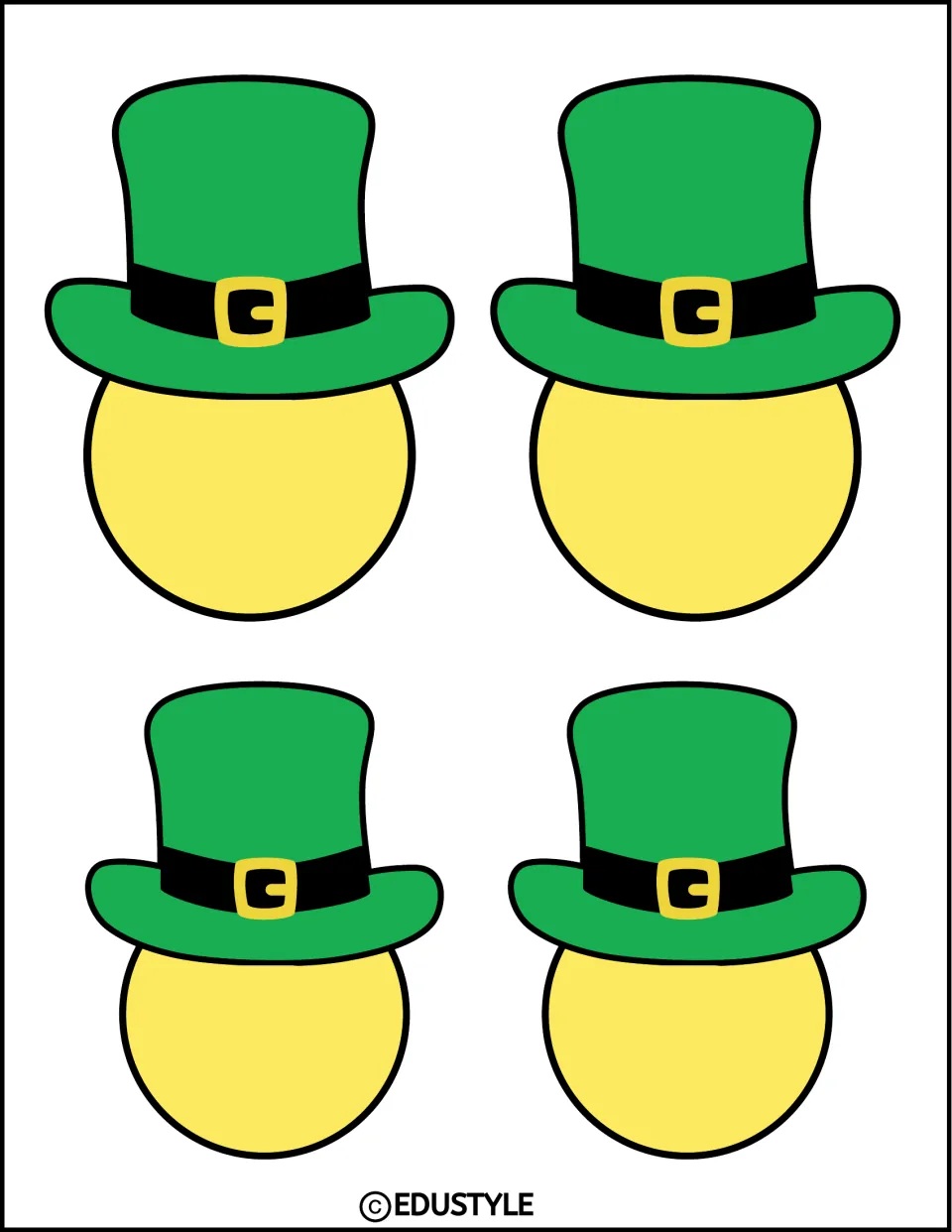 Four smaller leprechaun hat cut-outs, each a green buckled top hat over a blank yellow circle, for names or photos