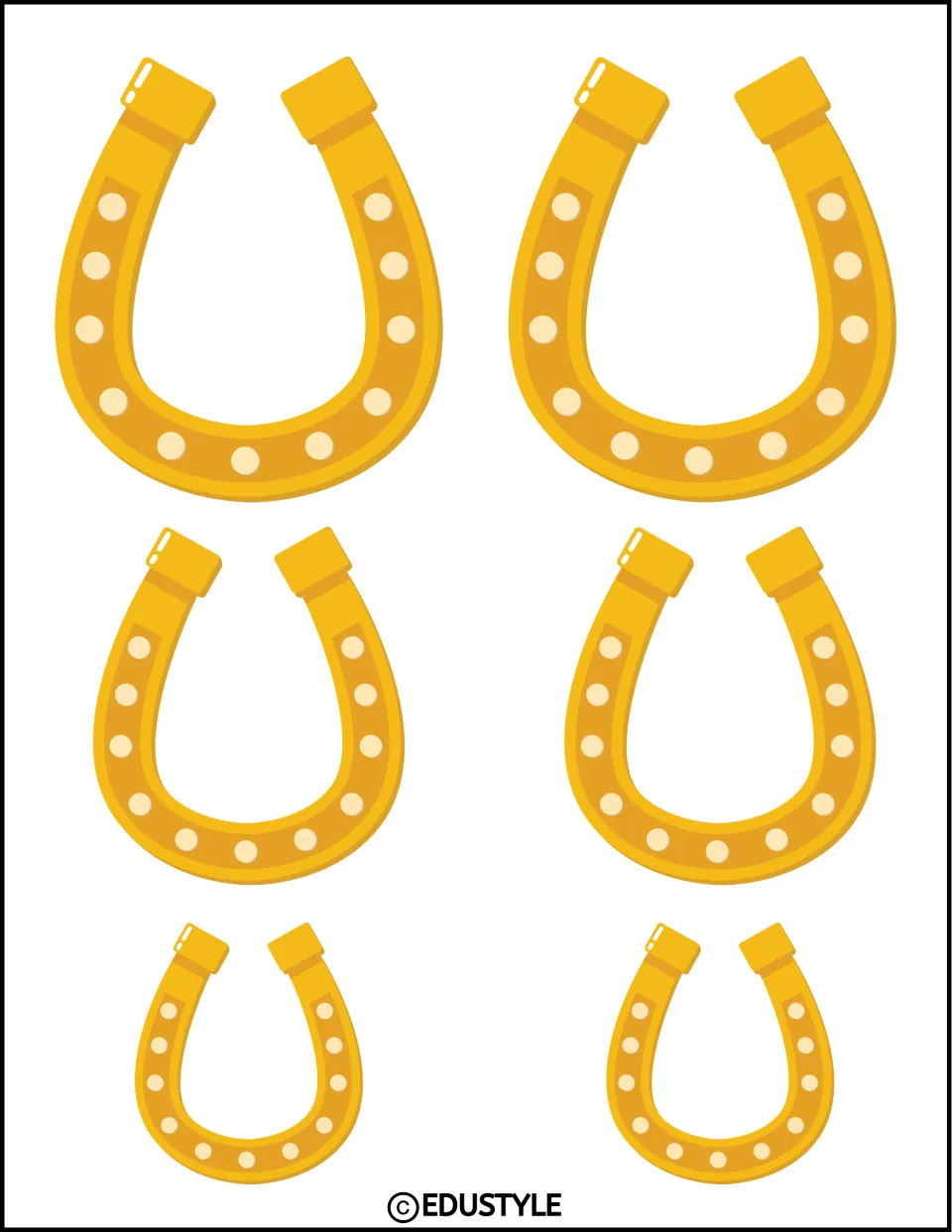 Gold horseshoe cut-outs: six golden horseshoes with light nail holes, shown in three sizes from large to small