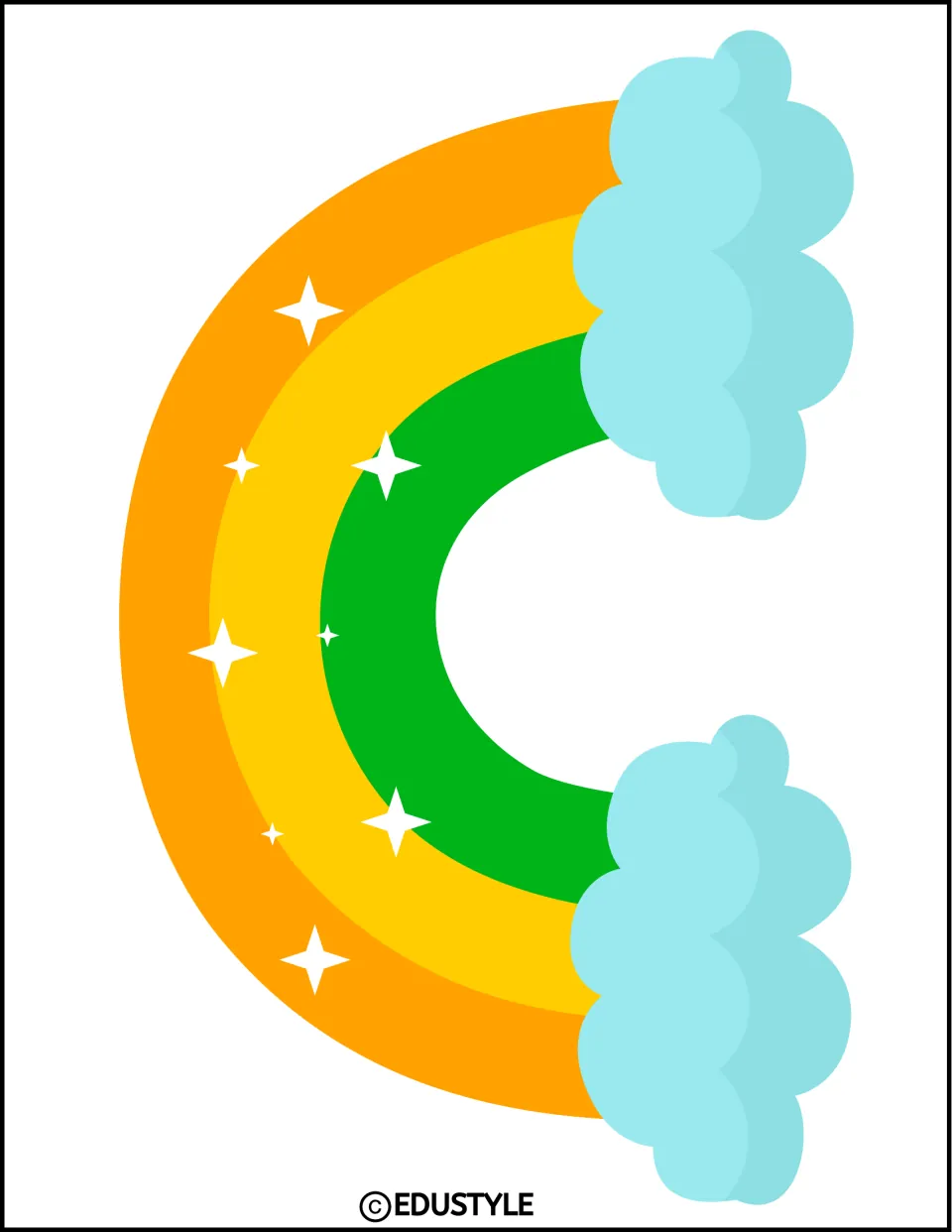 Whole rainbow cutout with blue clouds at both ends and three colored bands for the St. Patrick's Day display