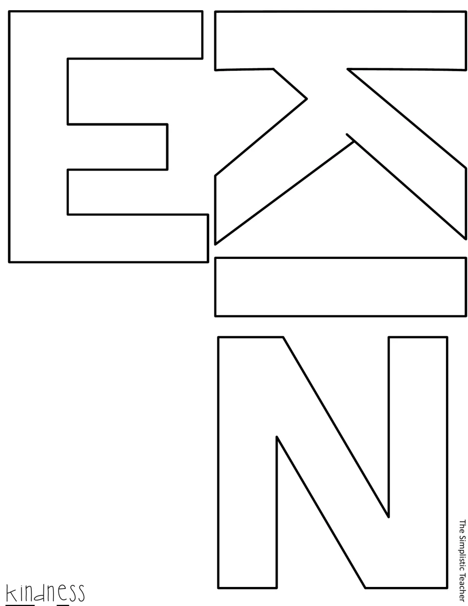 Outline letter cut-out pieces E, K, I and N for the word kindness, blank for tracing or coloring before cutting