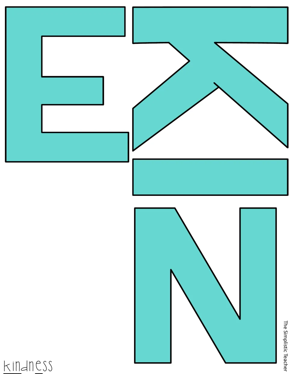 Teal letter cut-out pieces E, K, I and N for the word kindness, pre-colored to print and cut for the door title