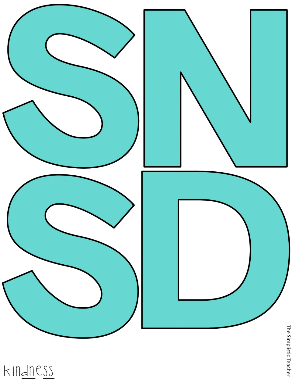 Teal letter cut-out pieces S, N, S and D that finish the word kindness in the pre-colored version of the letters