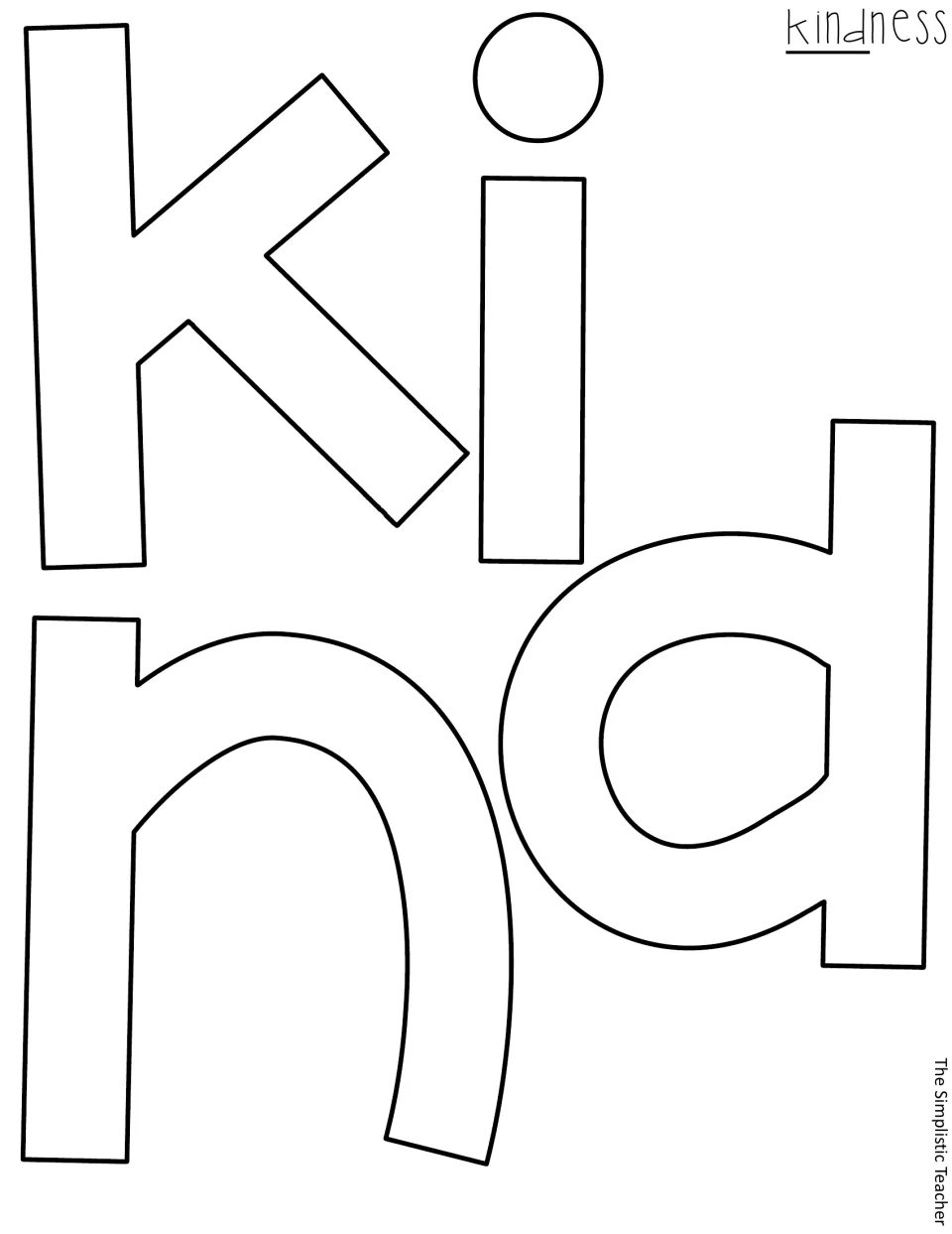 Outline cutout letters k, i, n, and d form the first half of “kindness” for the bulletin board or door display
