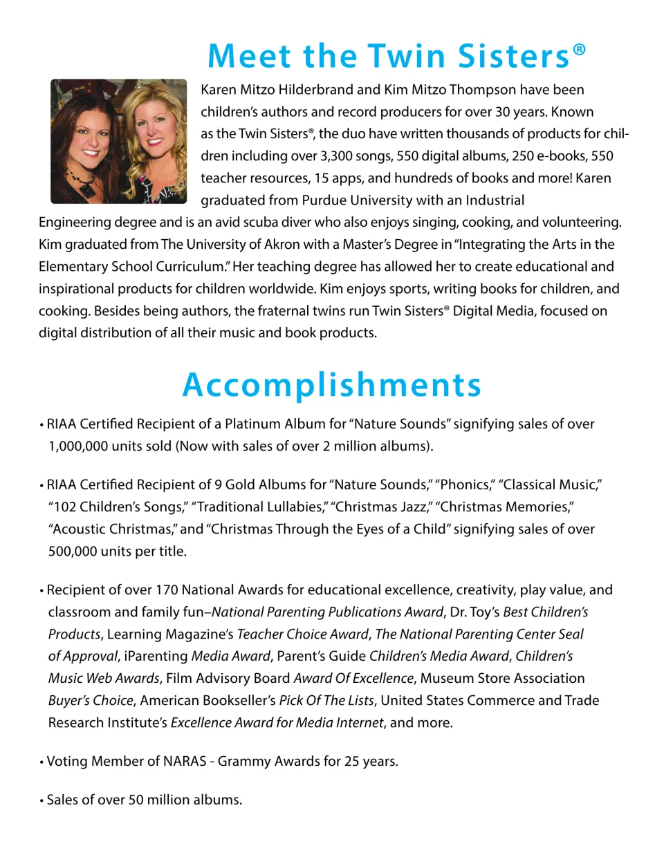 Meet the Twin Sisters: author bio of Karen Mitzo Hilderbrand and Kim Mitzo Thompson, with their accomplishments