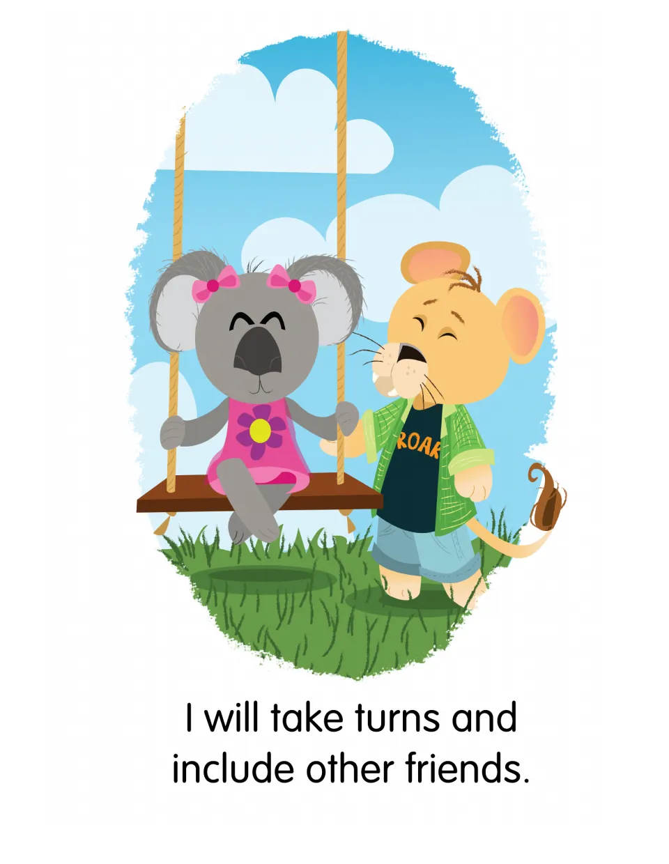 Story page 3: 'I will take turns and include other friends.' A lion cub pushes a koala on a swing