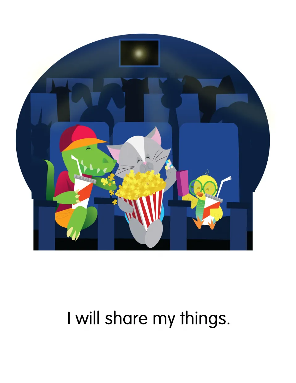 Story page 6: 'I will share my things.' A cat shares popcorn with an alligator at the movies