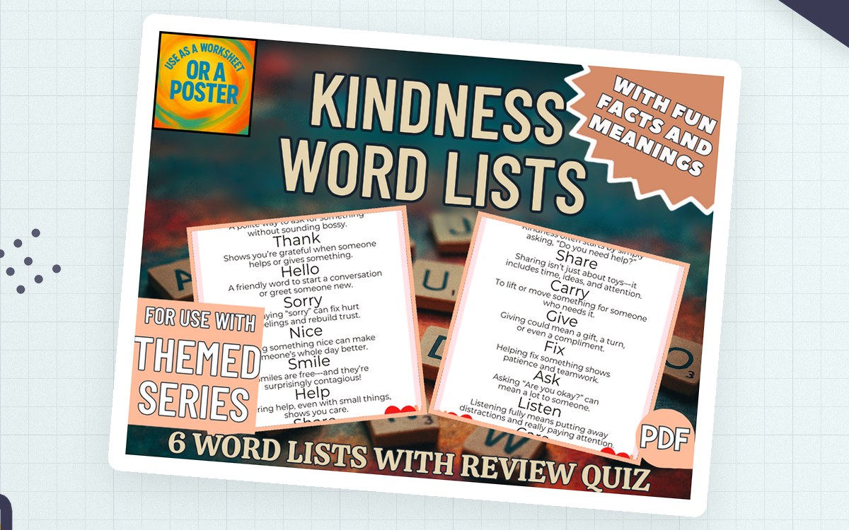 Kindness Word Lists cover with poster previews and text advertising six word lists with facts, meanings, and a review quiz.