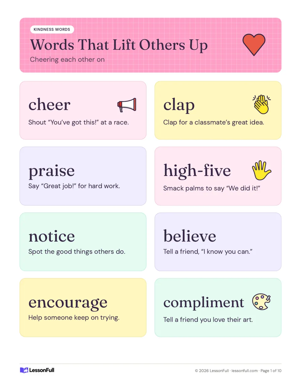 Kindness poster Words That Lift Others Up: cheer, clap, praise, high-five, notice, believe, encourage, compliment