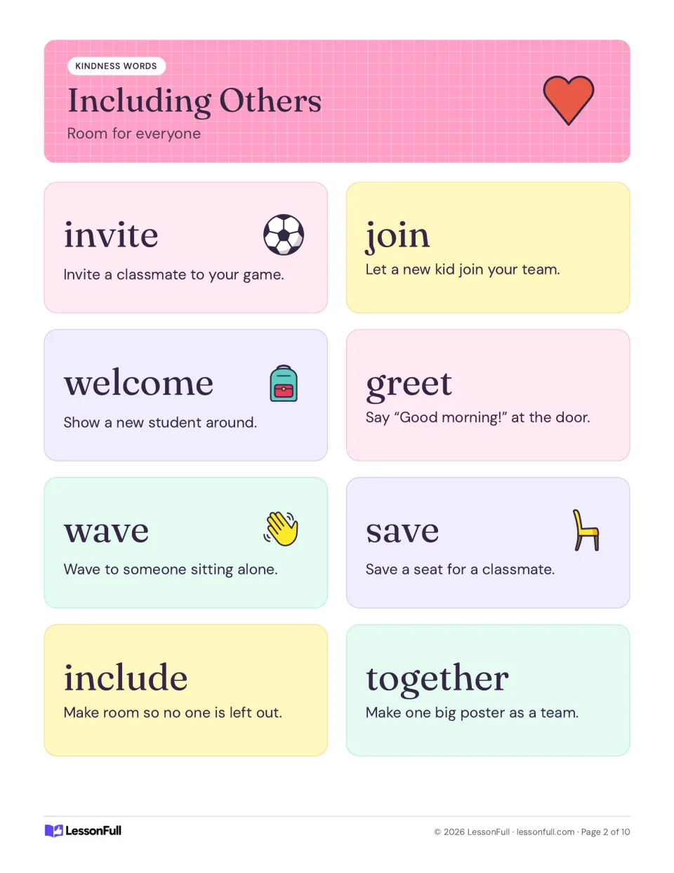 Including Others poster: invite, join, welcome, greet, wave, save, include and together, each with a classroom example
