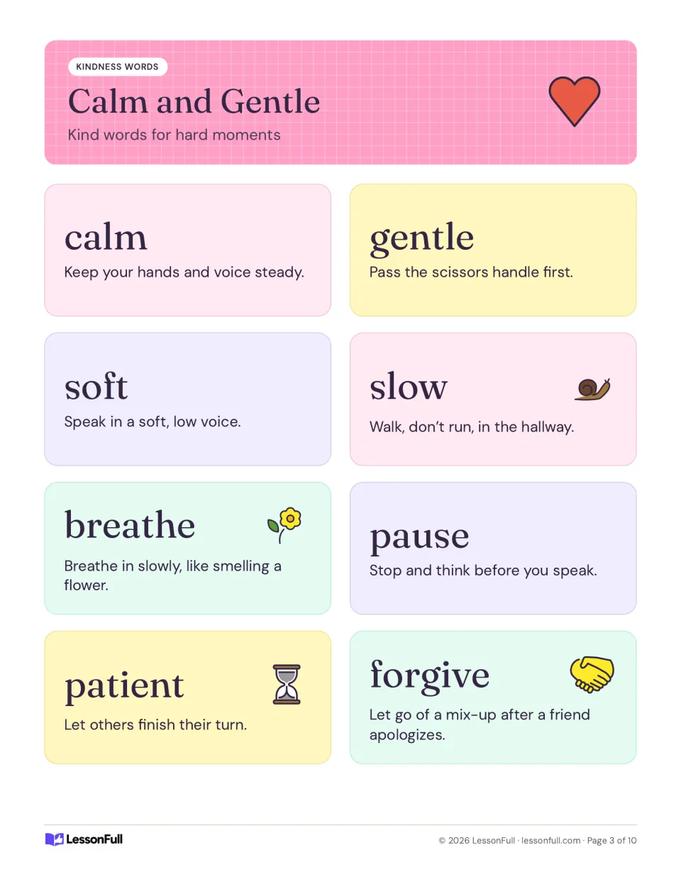 Calm and Gentle poster of kind words for hard moments: calm, gentle, soft, slow, breathe, pause, patient, forgive