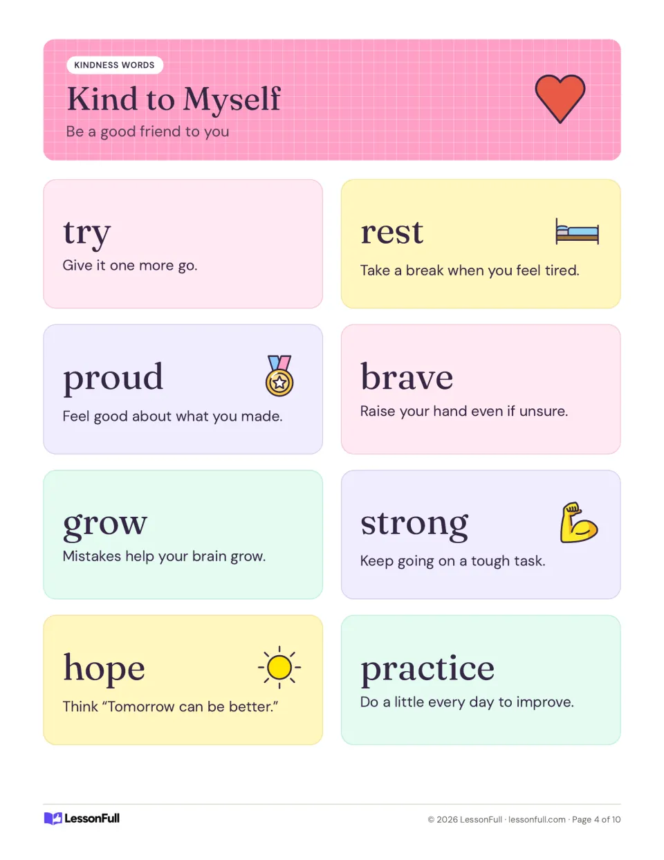Kind to Myself poster on self-kindness: try, rest, proud, brave, grow, strong, hope and practice with short examples