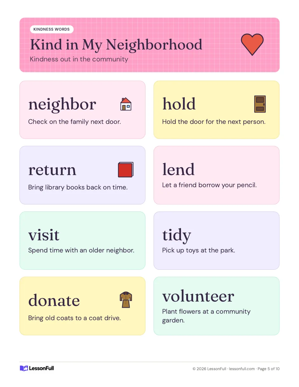 Kind in My Neighborhood poster: neighbor, hold, return, lend, visit, tidy, donate, volunteer as community actions